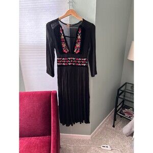 Free People Long Dress Black Embroidered Floral Boho Sleeve Peasant Side Split